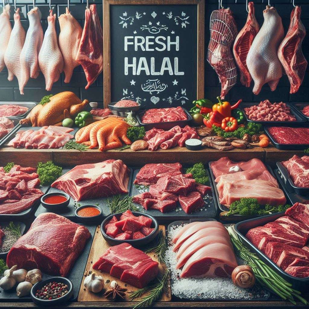 Premium selection of halal meats, including beef, chicken, goat, and mutton cuts, highlighting fresh, ethically sourced products for the halal meat market.