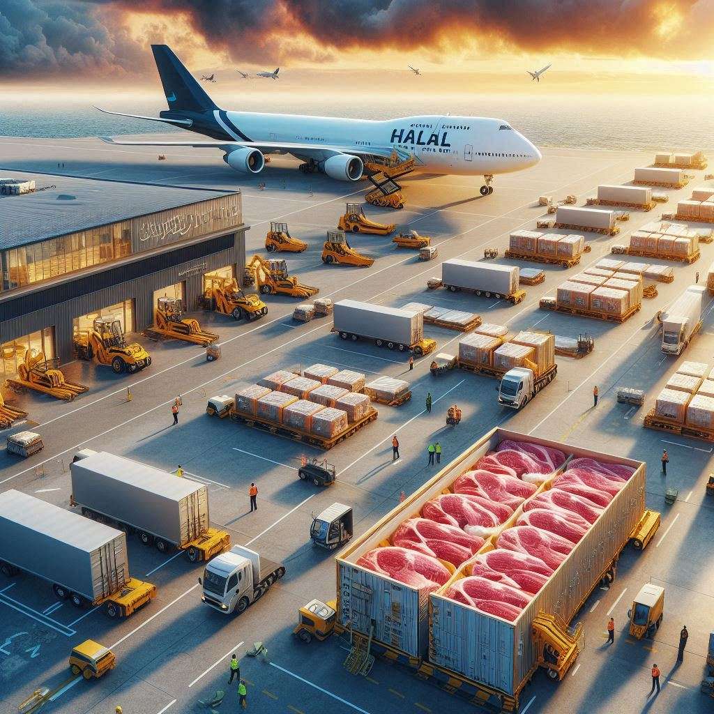 Cargo operations at Moi International Airport in Mombasa, Kenya, with halal meat shipments being prepared for export, showcasing a modern airport terminal and cargo plane.