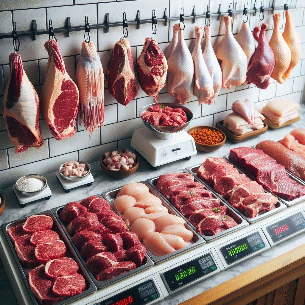 Fresh halal meat, including beef, chicken, and goat, neatly displayed on scales in a clean, certified butcher shop.