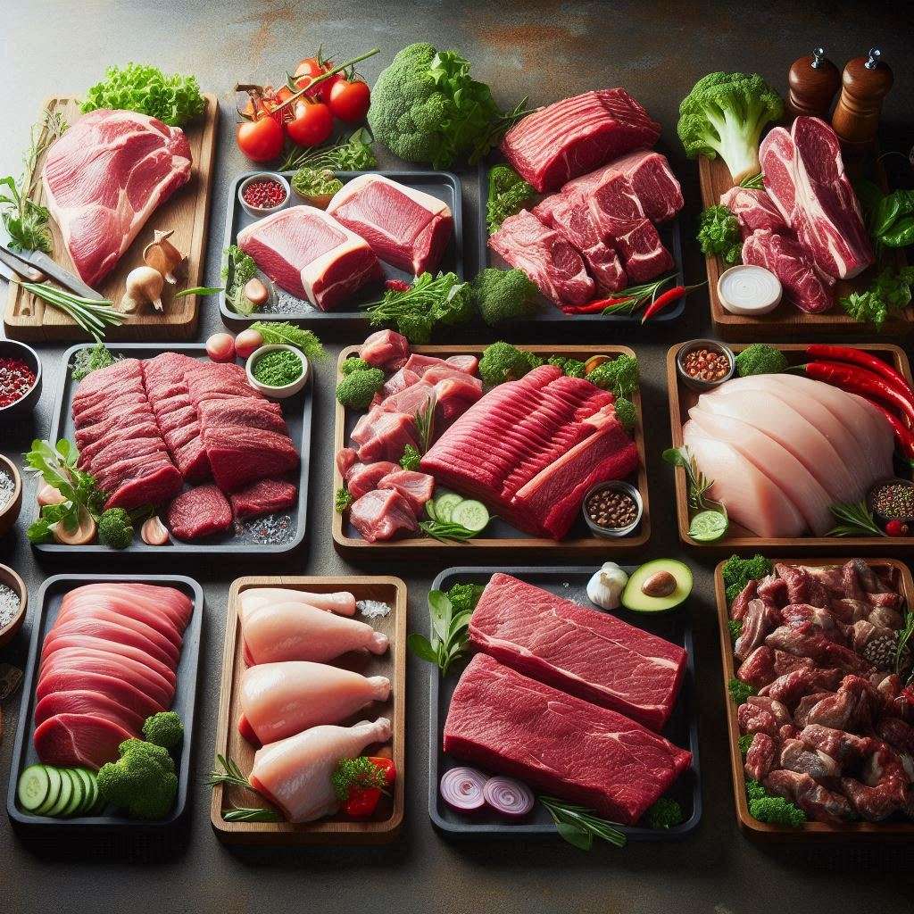 A selection of fresh halal meat displayed in an organized and hygienic setting, including cuts of beef, chicken, goat, and mutton on clean trays with garnishes like fresh herbs and vegetables, highlighting premium quality and freshness.