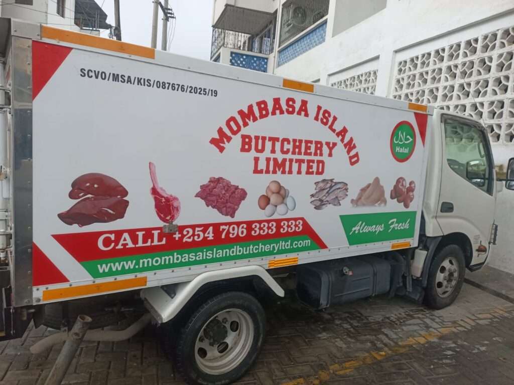 Premium halal meat delivery truck with enclosed body, ensuring freshness